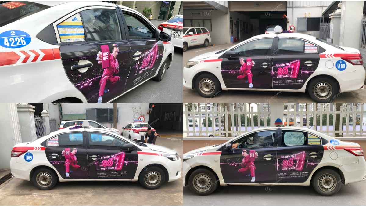 Thiết kế hồng đen trên bốn cánh cửa taxi giúp chiến dịch của MoMo và Binz nổi bật trên phố (Nguồn: Dự án SSM)